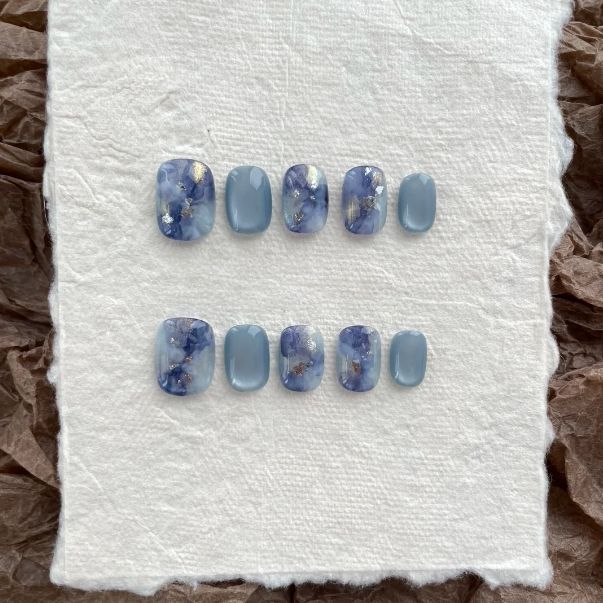 Glacier Bloom Marble - Handcrafted Icy Blue Watercolor Ink & Foil Press-On Nails