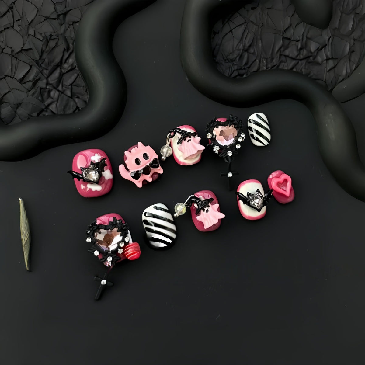 Pastel Goth Spooky - Handcrafted Pink & Black Monster, Ghost & Cross Dangle Press-On Nails