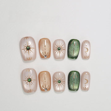 Celestial Emerald - Handcrafted Emerald Cat-Eye & 3D Gold Sun & Moon Press-On Nails