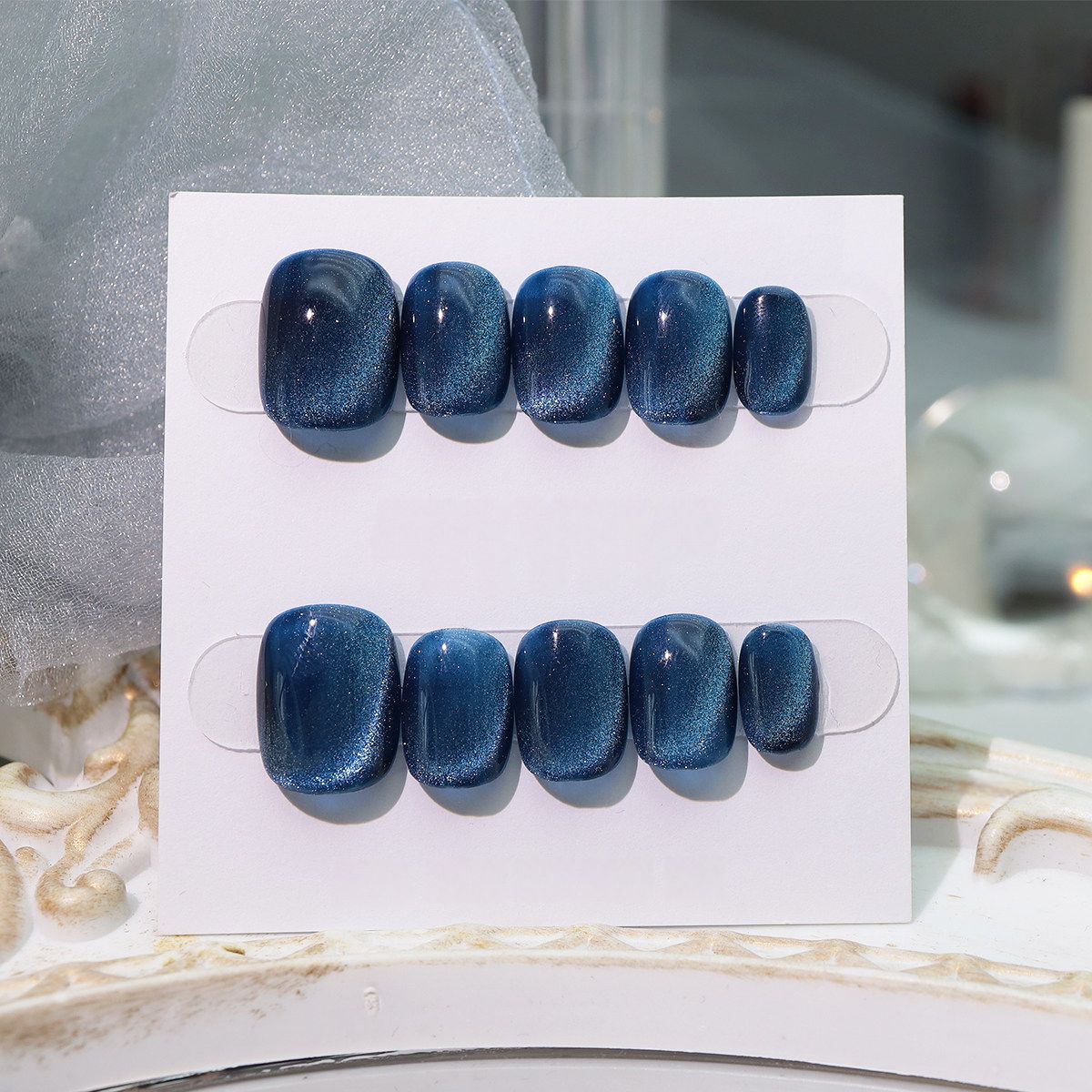 Deep Sea Cat-Eye - Handcrafted Midnight Blue & Silver Magnetic Velvet Press-On Nails