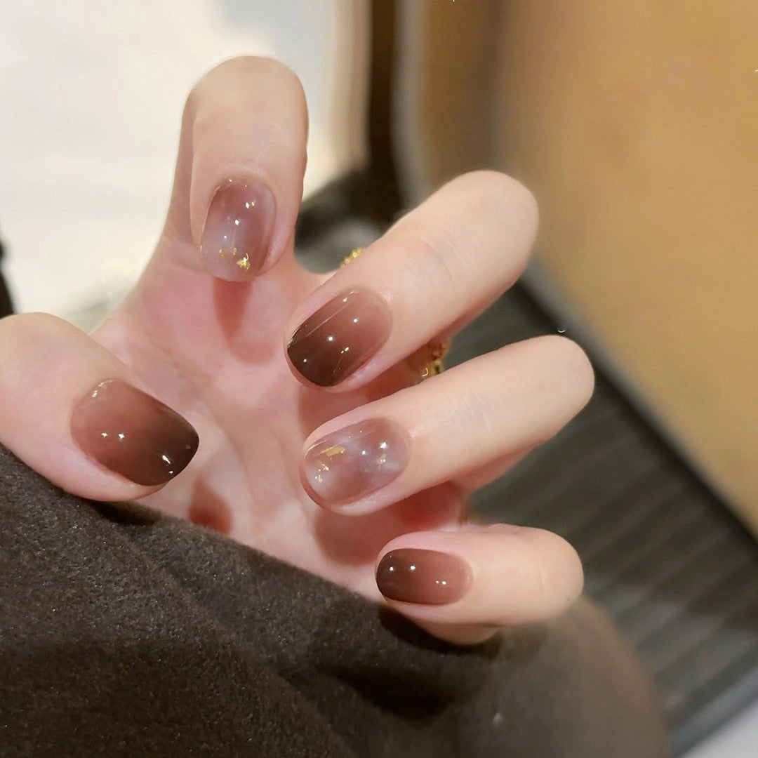 Amber Mocha Gold - Handcrafted Translucent Caramel Ombré & Gold Foil Press-On Nails
