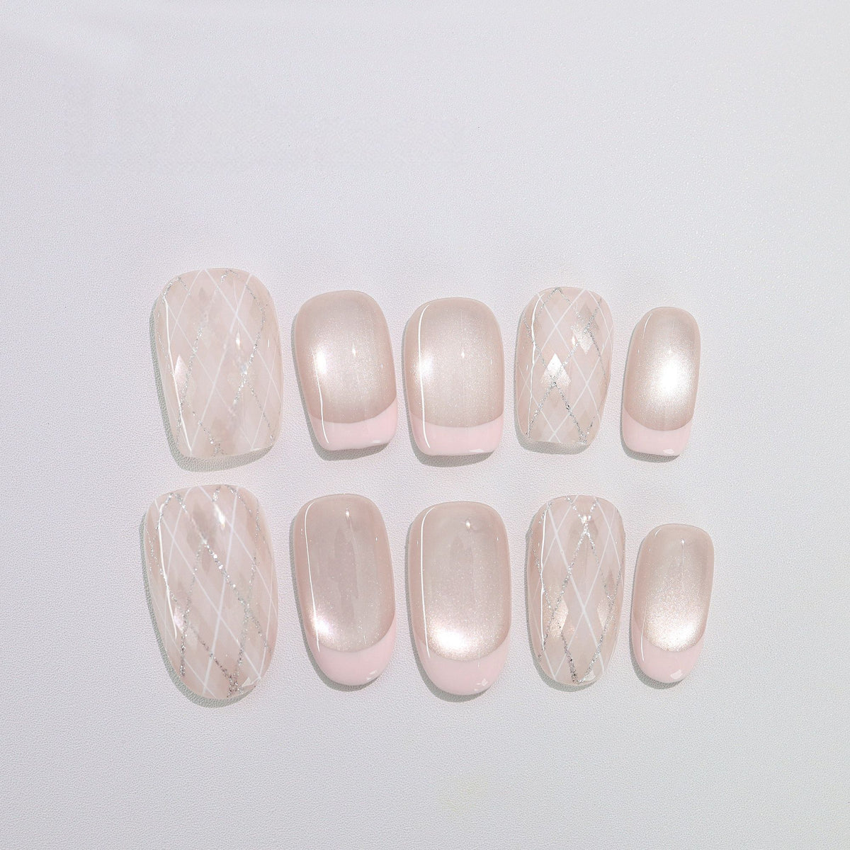Pink Argile French - Handcrafted Pearl Cat-Eye & Blush French Plaid Press-On Nails