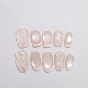 Pink Argile French - Handcrafted Pearl Cat-Eye & Blush French Plaid Press-On Nails