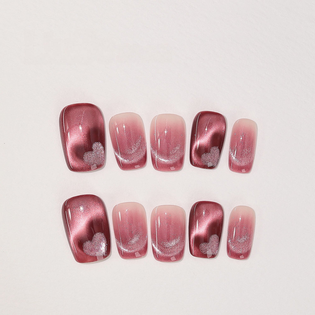Berry Velvet Heart - Handcrafted Deep Berry Cat-Eye & 3D Magnetic Heart Press-On Nails