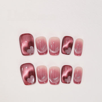 Berry Velvet Heart - Handcrafted Deep Berry Cat-Eye & 3D Magnetic Heart Press-On Nails