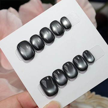 Obsidian Cat-Eye - Handcrafted Dark Charcoal & Silver Magnetic Velvet Press-On Nails