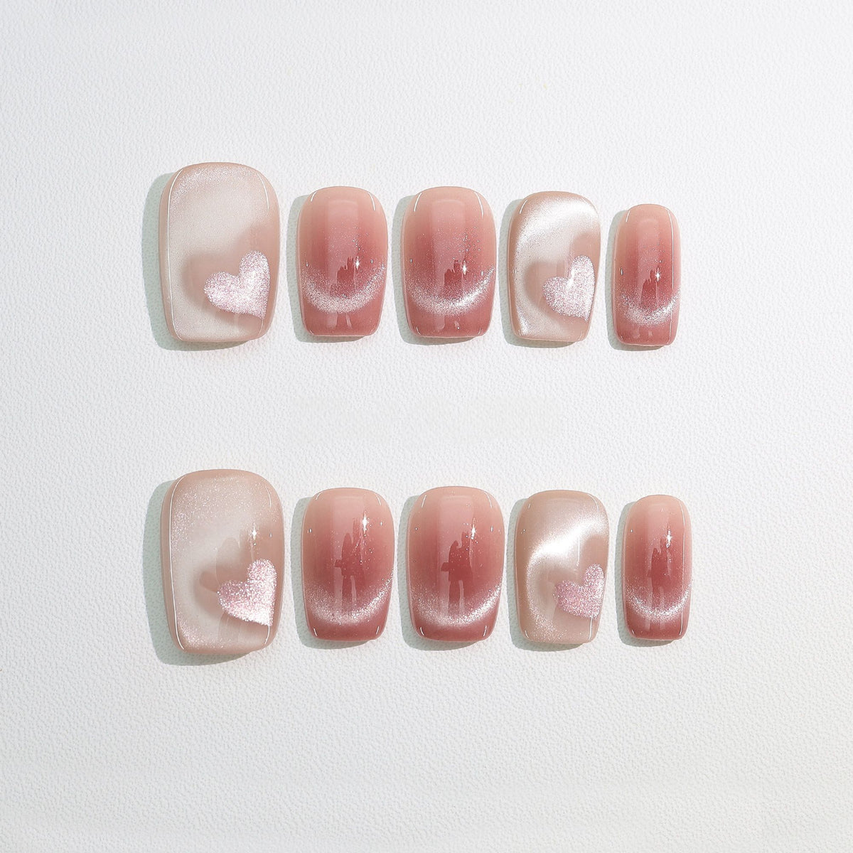 Pink Velvet Heart - Handcrafted Ice Pink Cat-Eye & 3D Magnetic Heart Press-On Nails