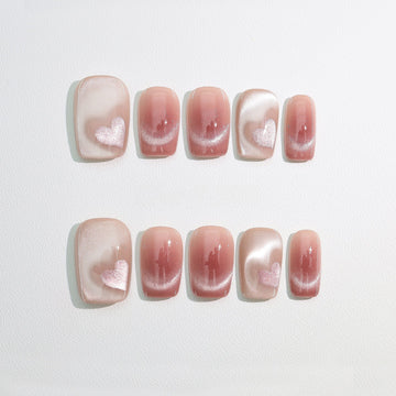 Pink Velvet Heart - Handcrafted Ice Pink Cat-Eye & 3D Magnetic Heart Press-On Nails