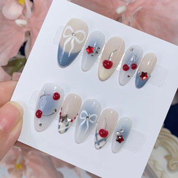 Coquette Cherry Bow - Handcrafted Blue Gradient Press-On Nails with 3D Bows & Red Cherries