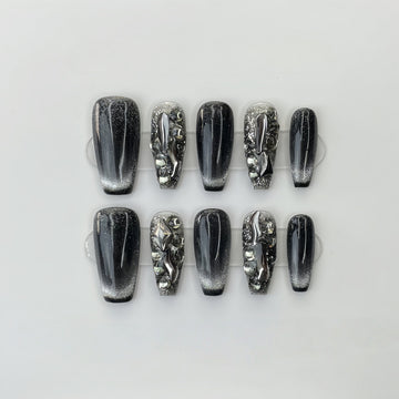 Obsidian Silver Chrome - Handcrafted Black Cat-Eye & 3D Liquid Lava Metal Press-On Nails