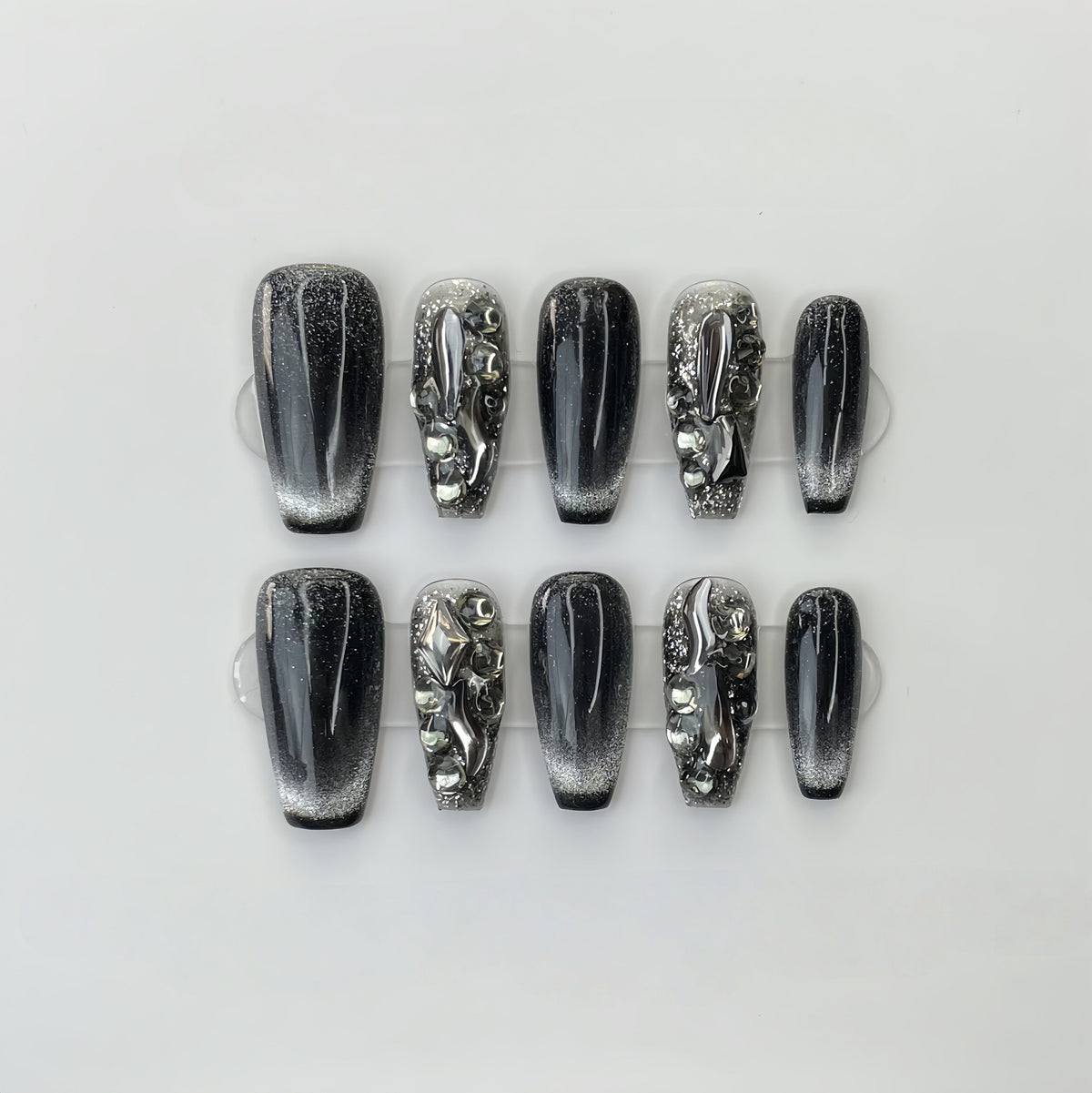 Obsidian Silver Chrome - Handcrafted Black Cat-Eye & 3D Liquid Lava Metal Press-On Nails
