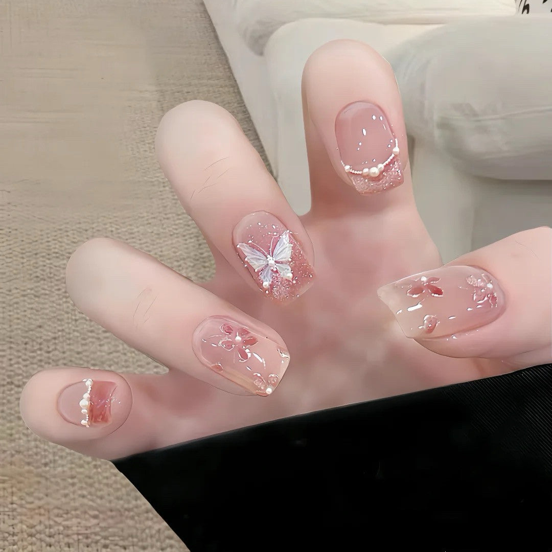 Aurora Pink Butterfly Floral - Handcrafted Pink Cat-Eye & 3D Glass Butterfly Press-On Nails