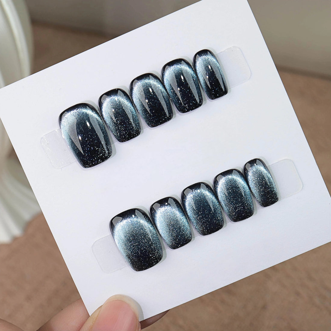 Obsidian Galaxy - Handcrafted Dark Teal & Silver Magnetic Cat-Eye Press-On Nails