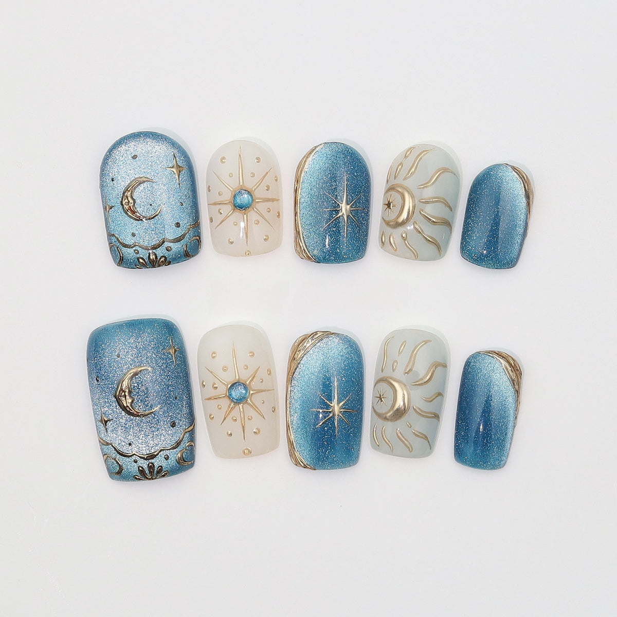 Celestial Blue - Handcrafted Blue Galaxy Cat-Eye & 3D Gold Sun & Moon Press-On Nails