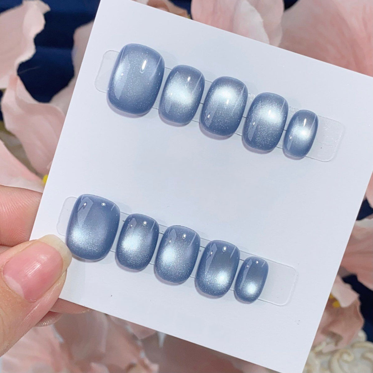 Glacier Blue Cat-Eye - Handcrafted Dusty Blue & Silver Magnetic Velvet Press-On Nails