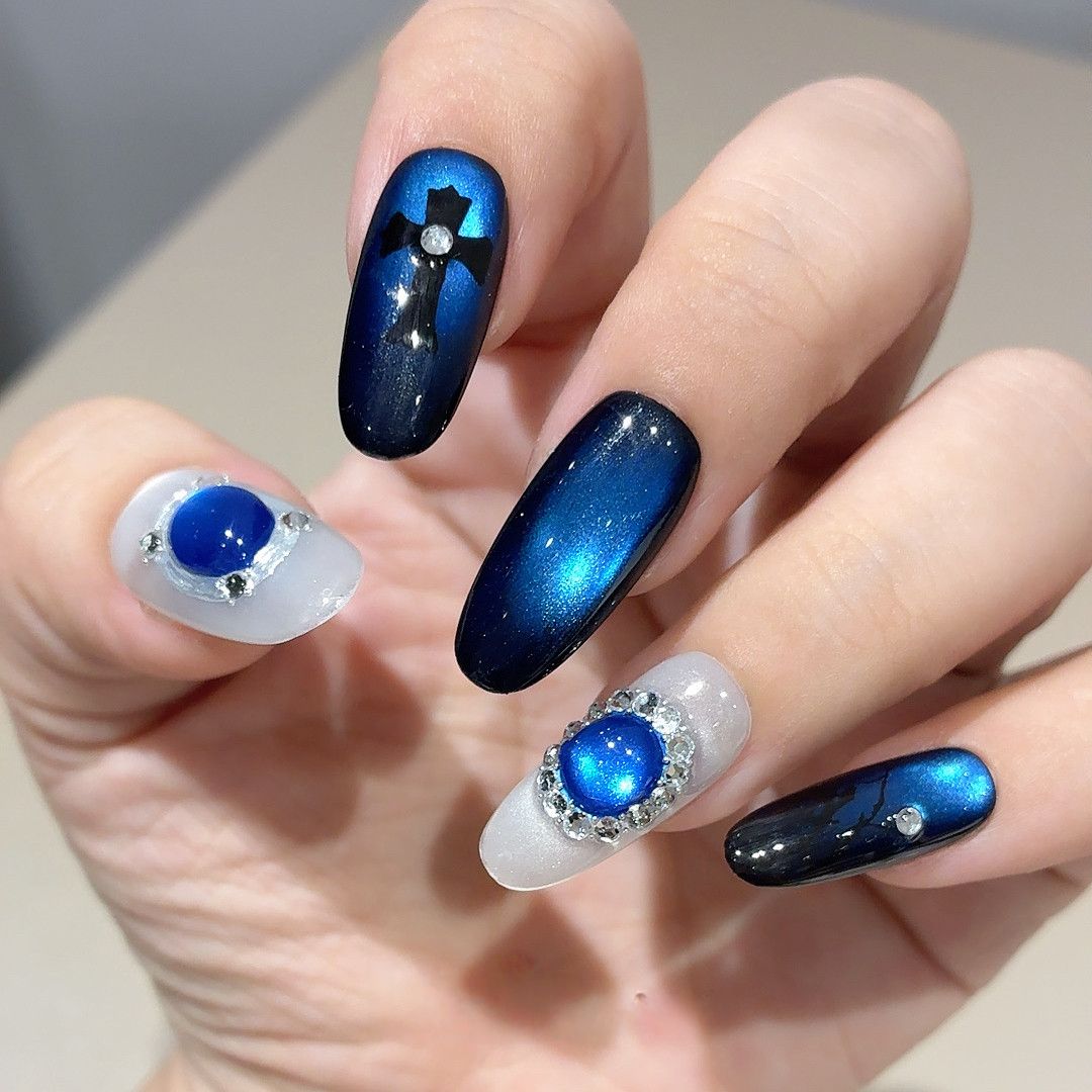 Midnight Royal Goth Gem - Handcrafted Royal Blue Cat-Eye, Gothic Cross & Sapphire Gem Press-On Nails