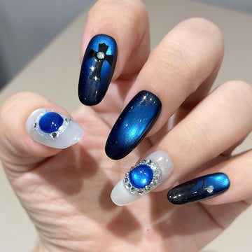 Midnight Royal Goth Gem - Handcrafted Royal Blue Cat-Eye, Gothic Cross & Sapphire Gem Press-On Nails