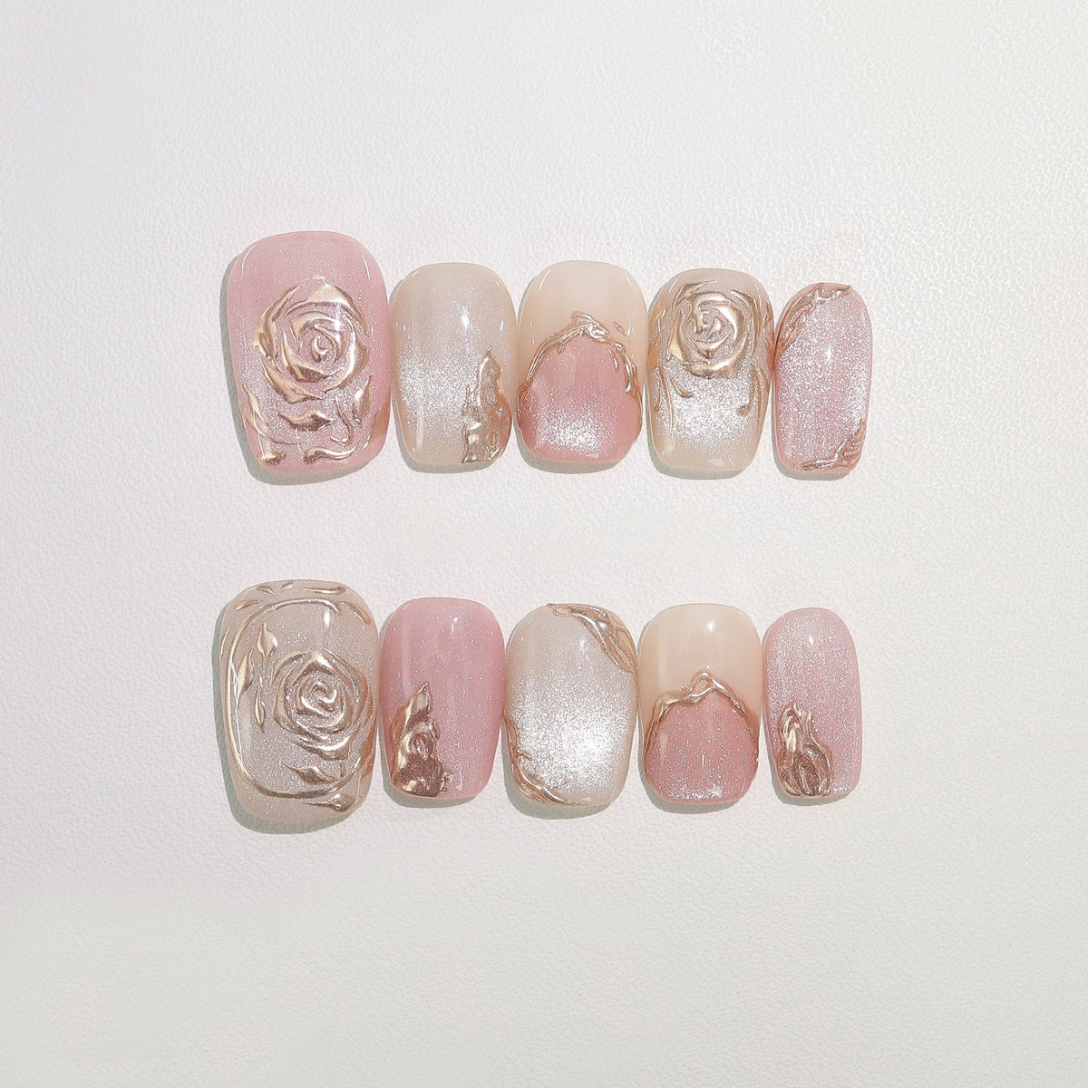 French Gold Relief Rose - Handcrafted Pink Cat-Eye & 3D Gold Rose Press-On Nails
