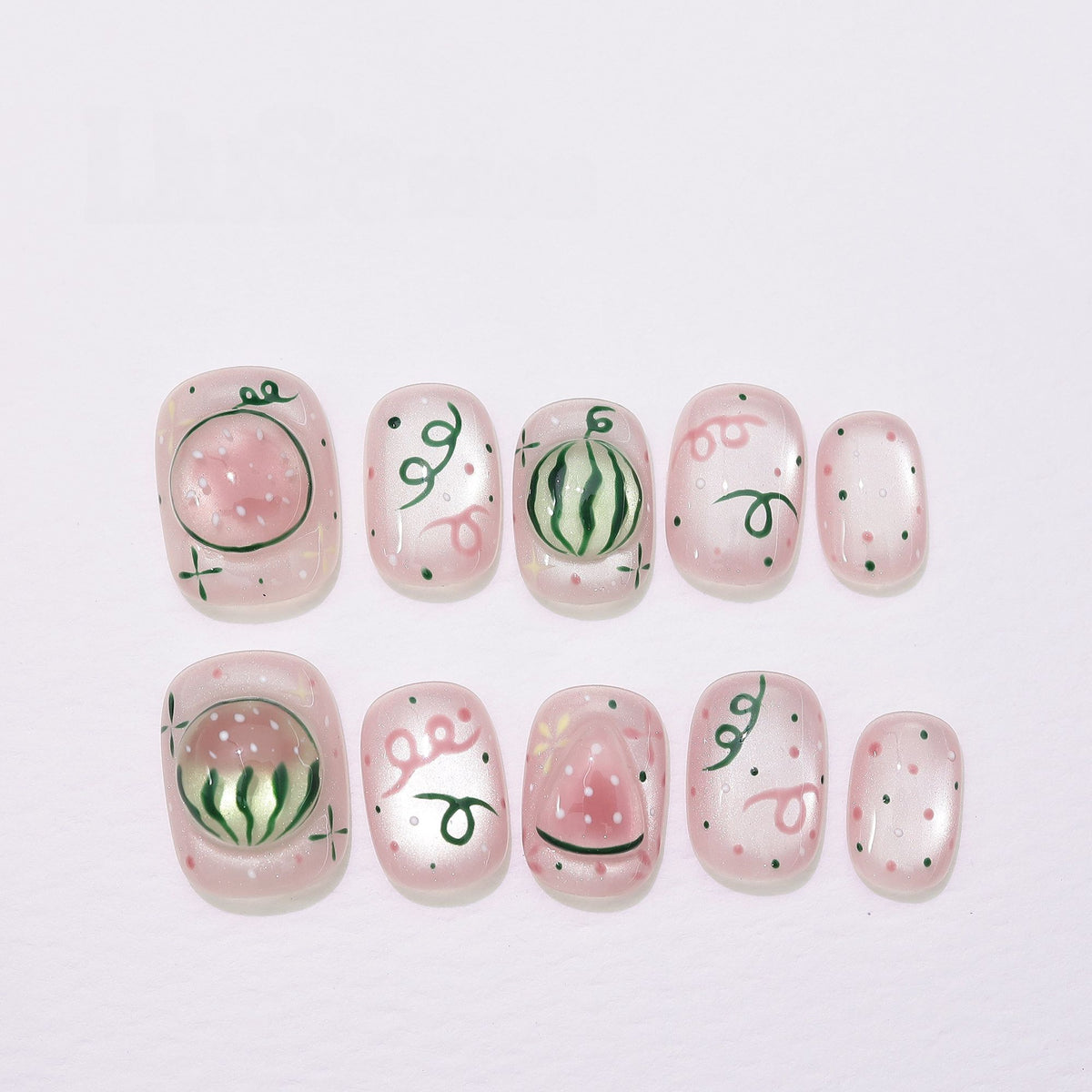 Juicy Watermelon - Handcrafted 3D Dewdrop & Watermelon Press-On Nails
