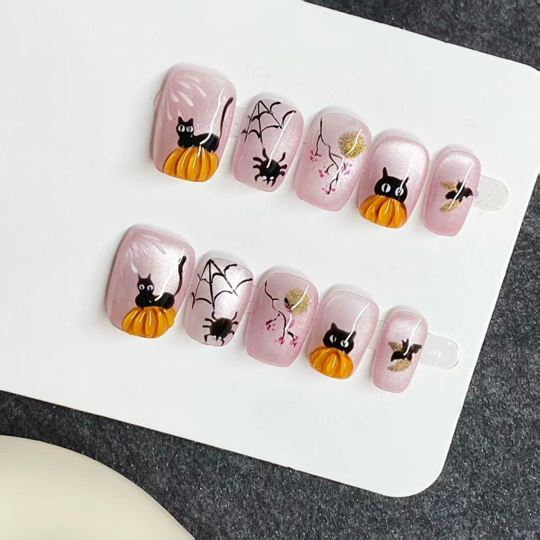 Pink Cat-Eye Spooky Kitten - Handcrafted 3D Pumpkin & Cute Black Cat Press-On Nails