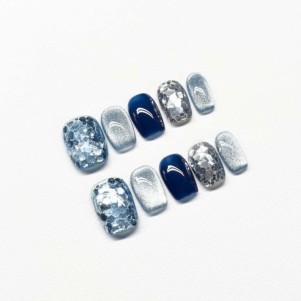 Ocean Glacier Sequins - Handcrafted Ice Blue Chunky Glitter & Deep Midnight Blue Press-On Nails