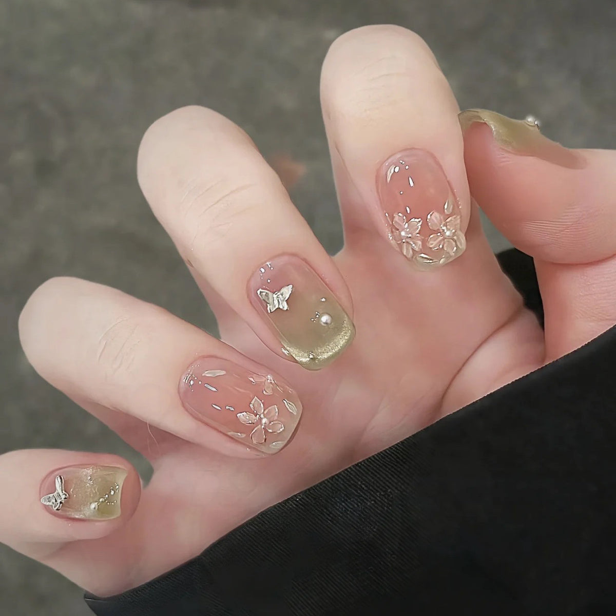 Matcha Butterfly - Handcrafted Matcha Green Cat-Eye & 3D Silver Butterfly Press-On Nails