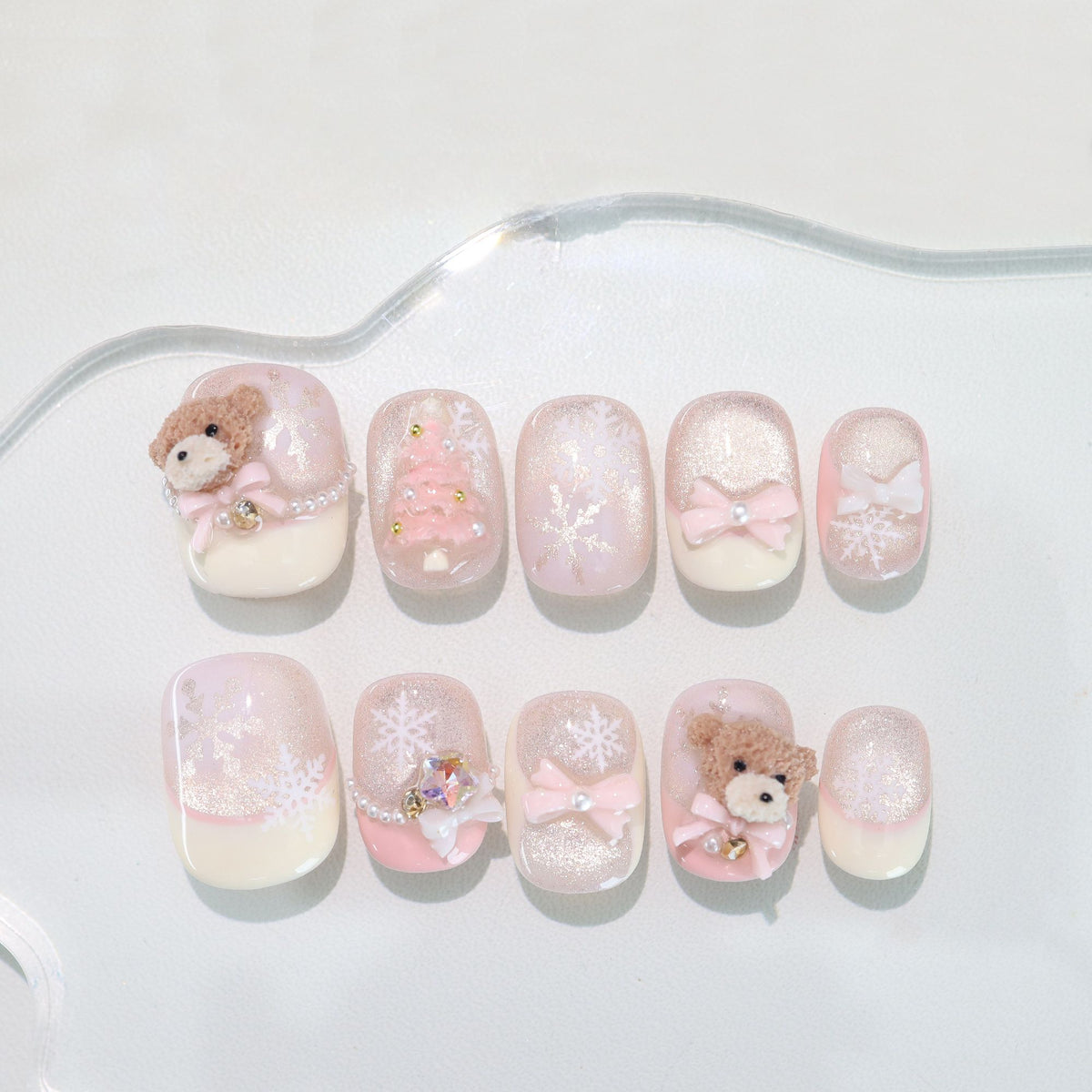 Pink Winter Wonderland Bear - Handcrafted Pink Cat-Eye Press-On Nails with Plush Teddy Bear & Christmas Tree Charms