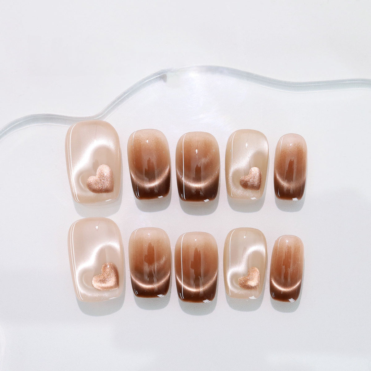Mocha Velvet Heart - Handcrafted Amber Coffee Cat-Eye & 3D Magnetic Heart Press-On Nails
