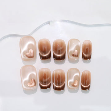 Mocha Velvet Heart - Handcrafted Amber Coffee Cat-Eye & 3D Magnetic Heart Press-On Nails