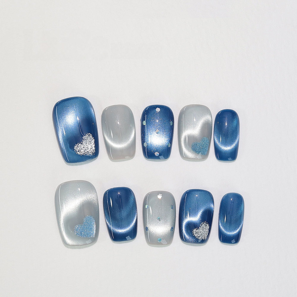 Ice Blue Heart - Handcrafted Ice Blue Cat-Eye & Glitter Heart Press-On Nails