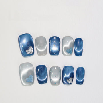Ice Blue Heart - Handcrafted Ice Blue Cat-Eye & Glitter Heart Press-On Nails