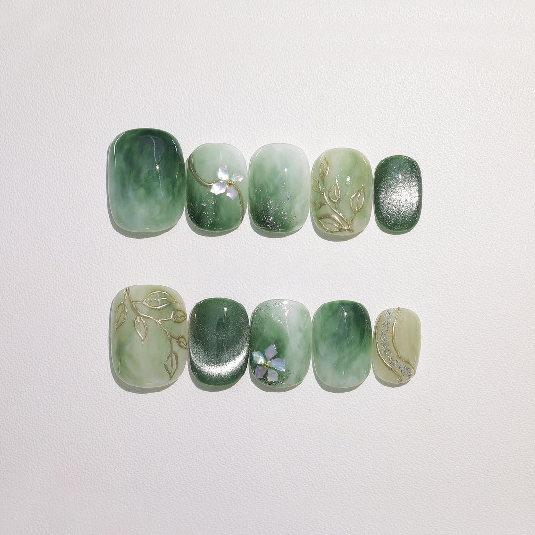 Jade Blossom Vine - Handcrafted Jade Marble & Mother of Pearl Floral Press-On Nails