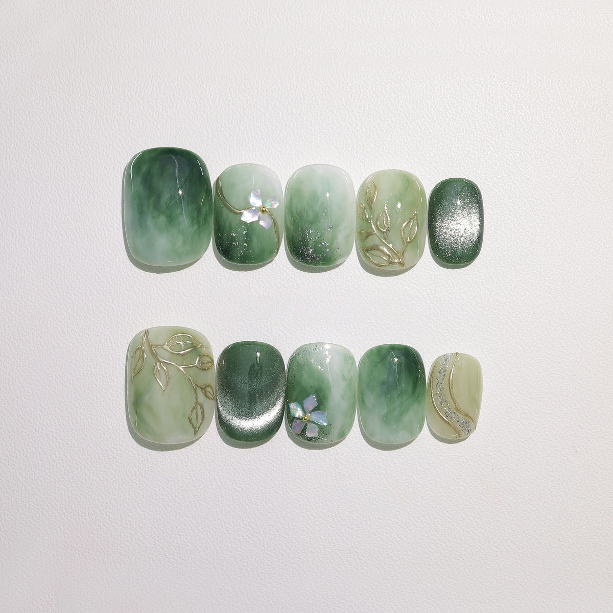Jade Blossom Vine - Handcrafted Jade Marble & Mother of Pearl Floral Press-On Nails