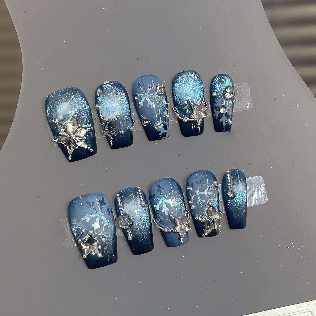 Icy Snowflake - Handcrafted Night Blue Cat-Eye & 3D Crystal Star Press-On Nails