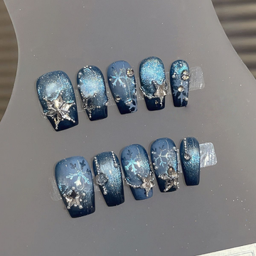 Icy Snowflake - Handcrafted Night Blue Cat-Eye & 3D Crystal Star Press-On Nails