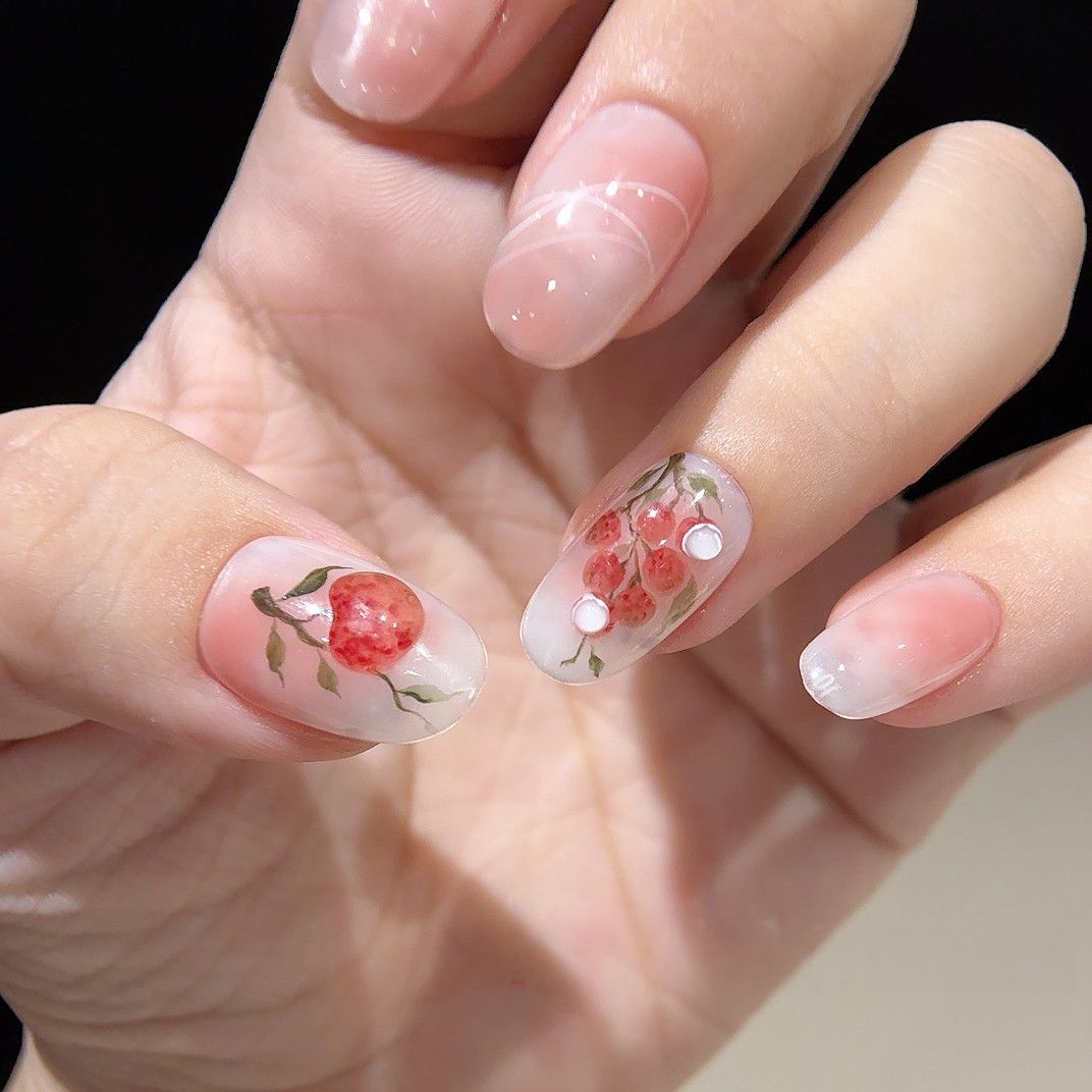 Lychee Orchard - Handcrafted Botanical Watercolor & 3D Lychee Press-On Nails