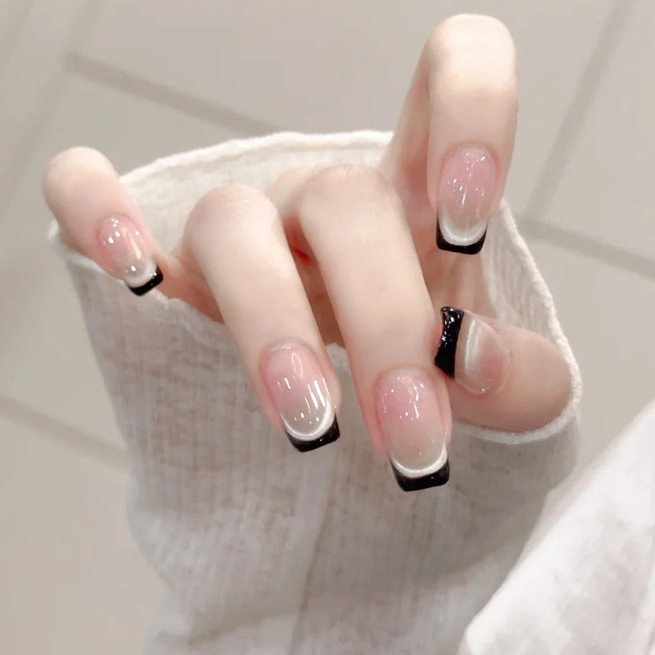 Black French Cat-Eye - Handcrafted Translucent Nude & Black French Tip Press-On Nails
