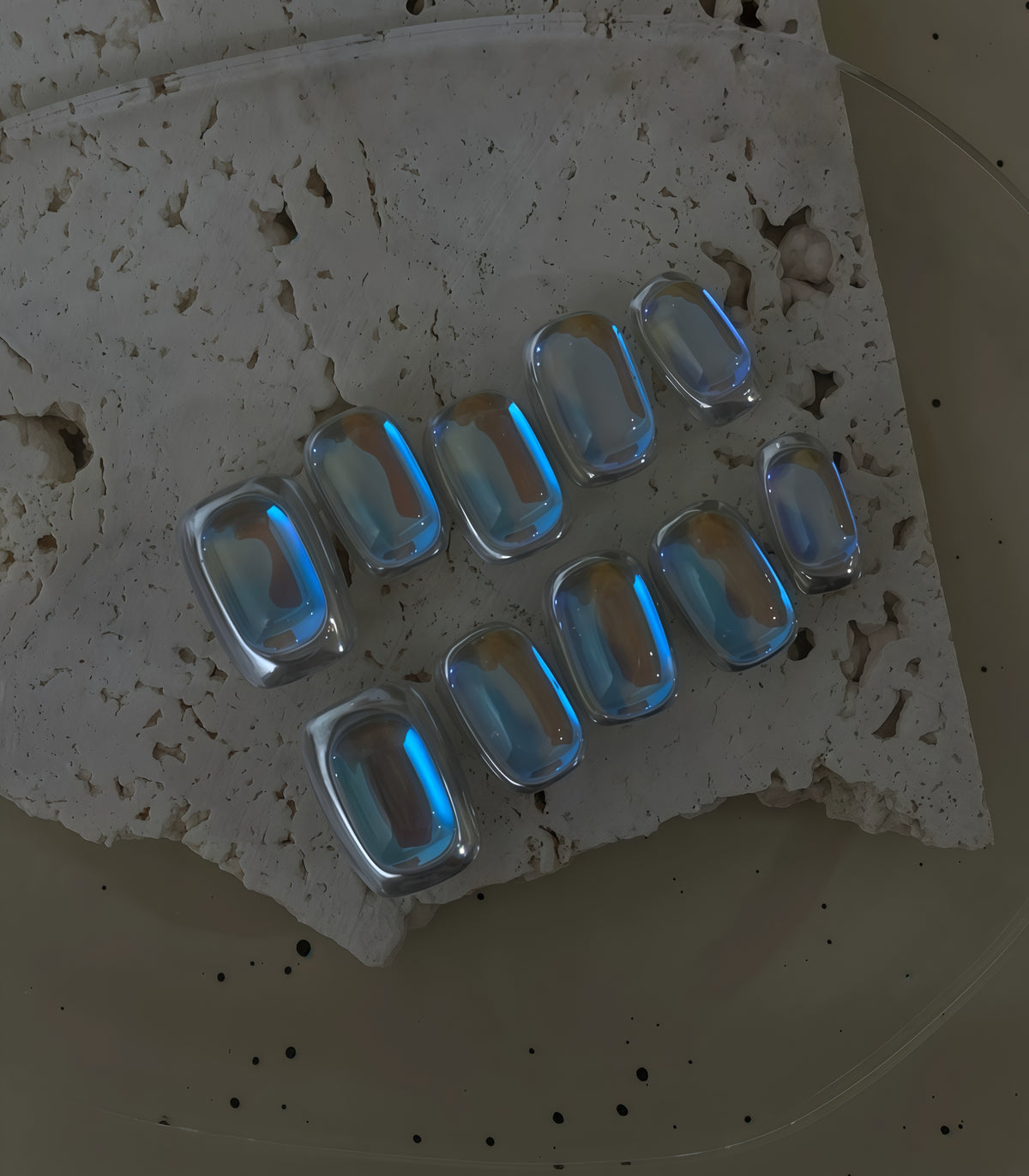 Aetherial Glow - Handcrafted Blue Aura Chrome & 3D Glass Press-On Nails