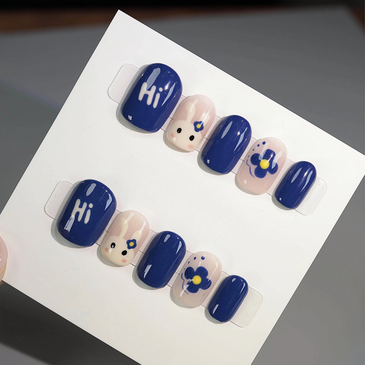 Cobalt Bunny Kawaii - Handcrafted Bright Blue & Milky White Bunny Art Press-On Nails
