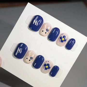 Cobalt Bunny Kawaii - Handcrafted Bright Blue & Milky White Bunny Art Press-On Nails