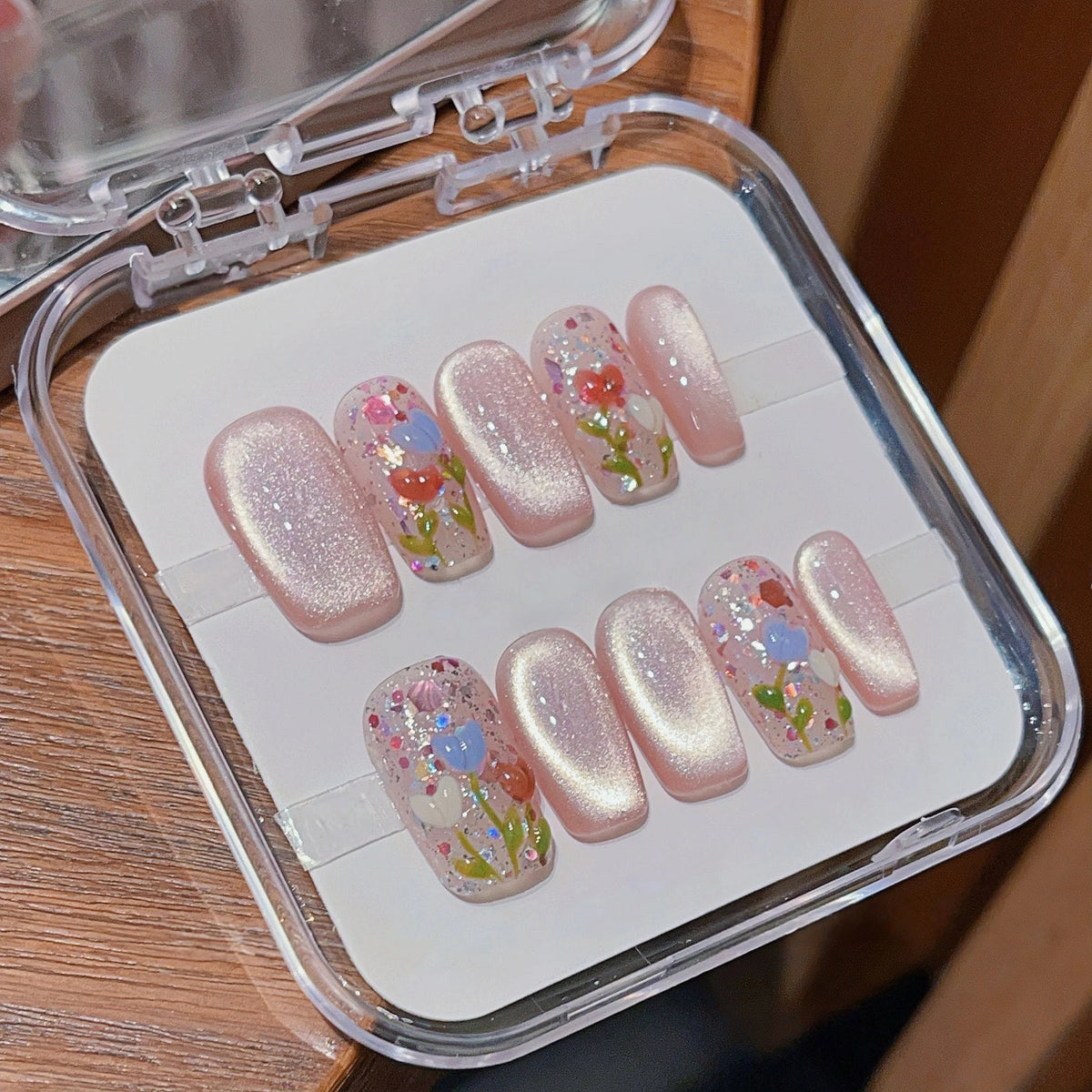 Pink Tulip Cat-Eye - Handcrafted Blush Pink Velvet Cat-Eye & Colorful Tulip Art Press-On Nails