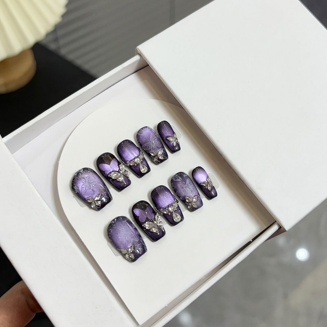 Gothic Crystal Butterfly - Handcrafted Purple Galaxy Cat-Eye & 3D Gem Press-On Nails