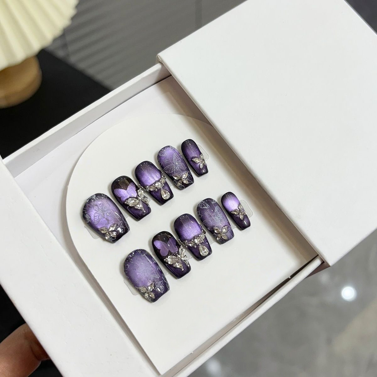 Gothic Crystal Butterfly - Handcrafted Purple Galaxy Cat-Eye & 3D Gem Press-On Nails