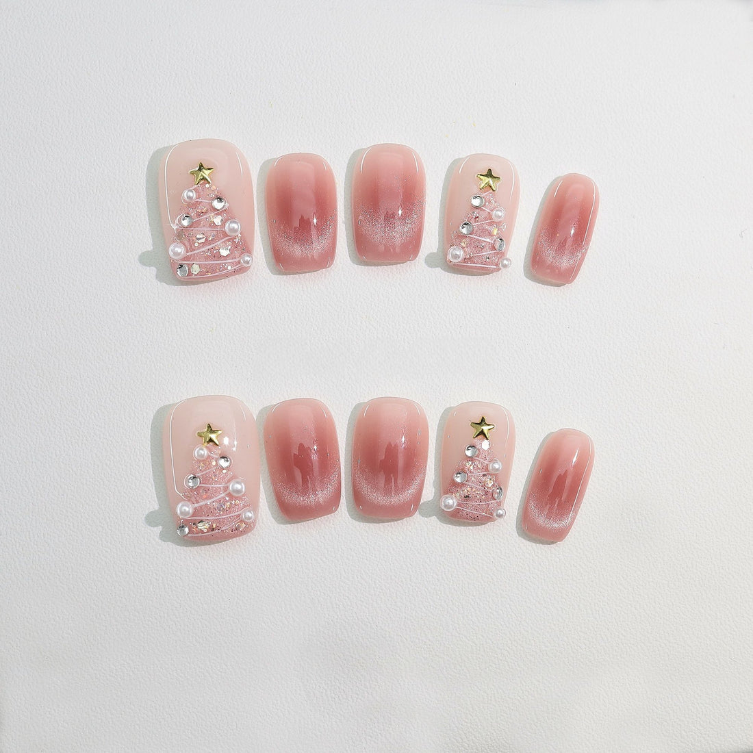 Pink Christmas Glam - Handcrafted Pink Cat-Eye & 3D Crystal Christmas Tree Press-On Nails