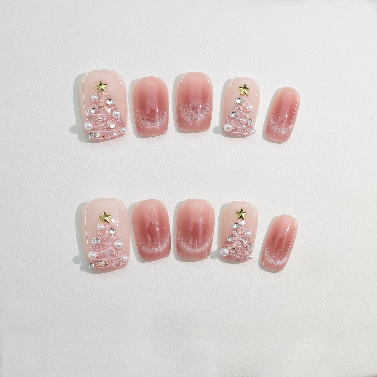 Pink Christmas Glam - Handcrafted Pink Cat-Eye & 3D Crystal Christmas Tree Press-On Nails