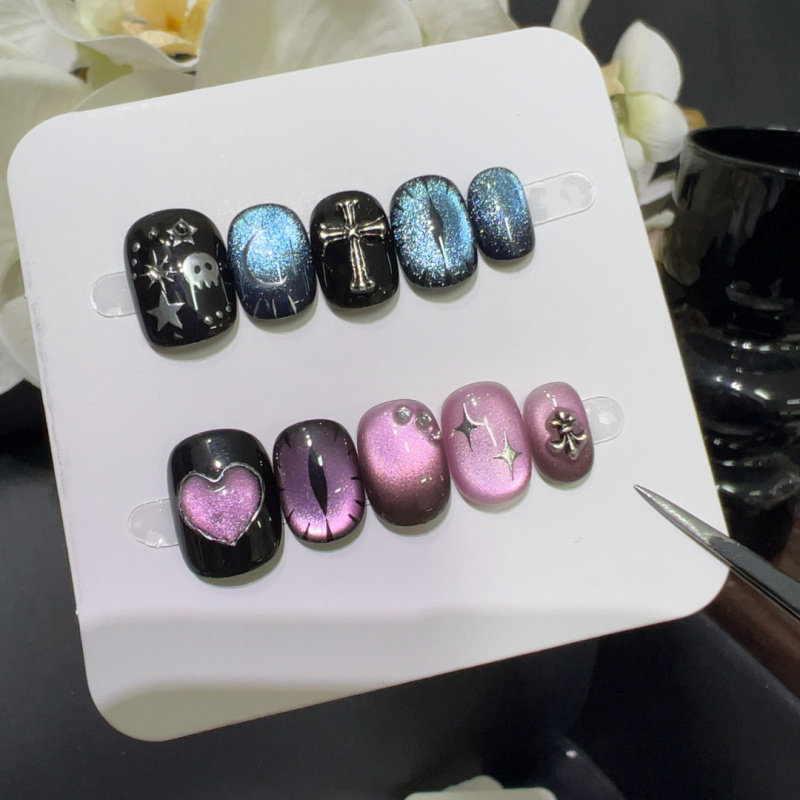 Gothic Dragon Eye - Handcrafted Blue & Pink Cat-Eye Chrome Cross Press-On Nails