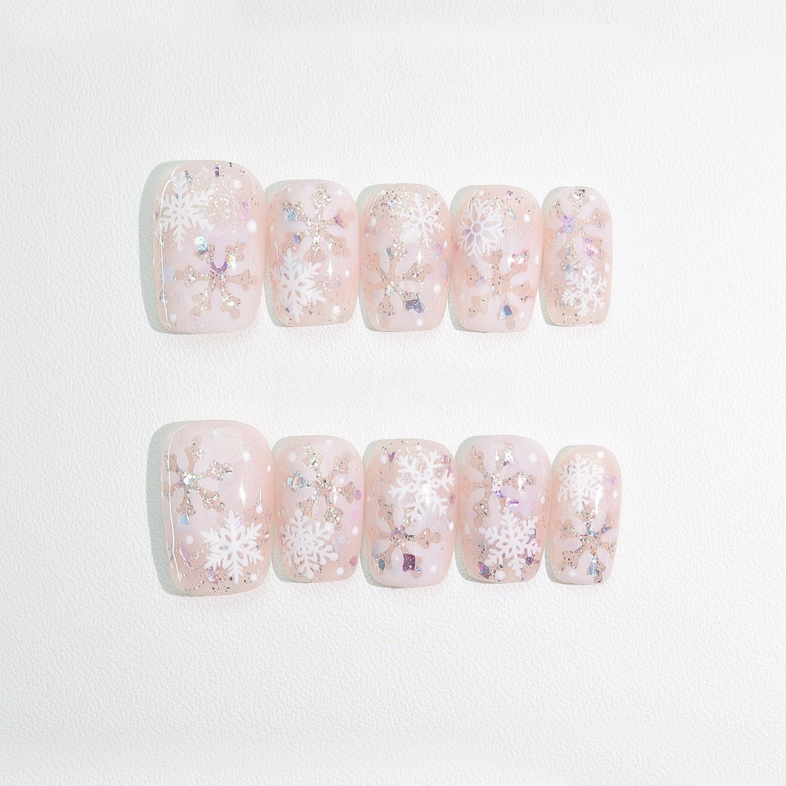 Frosty Pink Snowflake - Handcrafted Sheer Pink & Iridescent Snowflake Press-On Nails