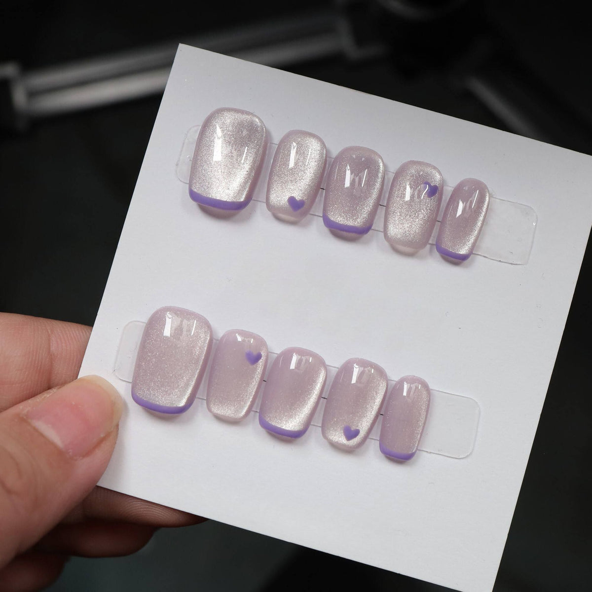 Lavender Dream French - Handcrafted Lilac Cat-Eye & Purple Heart Press-On Nails