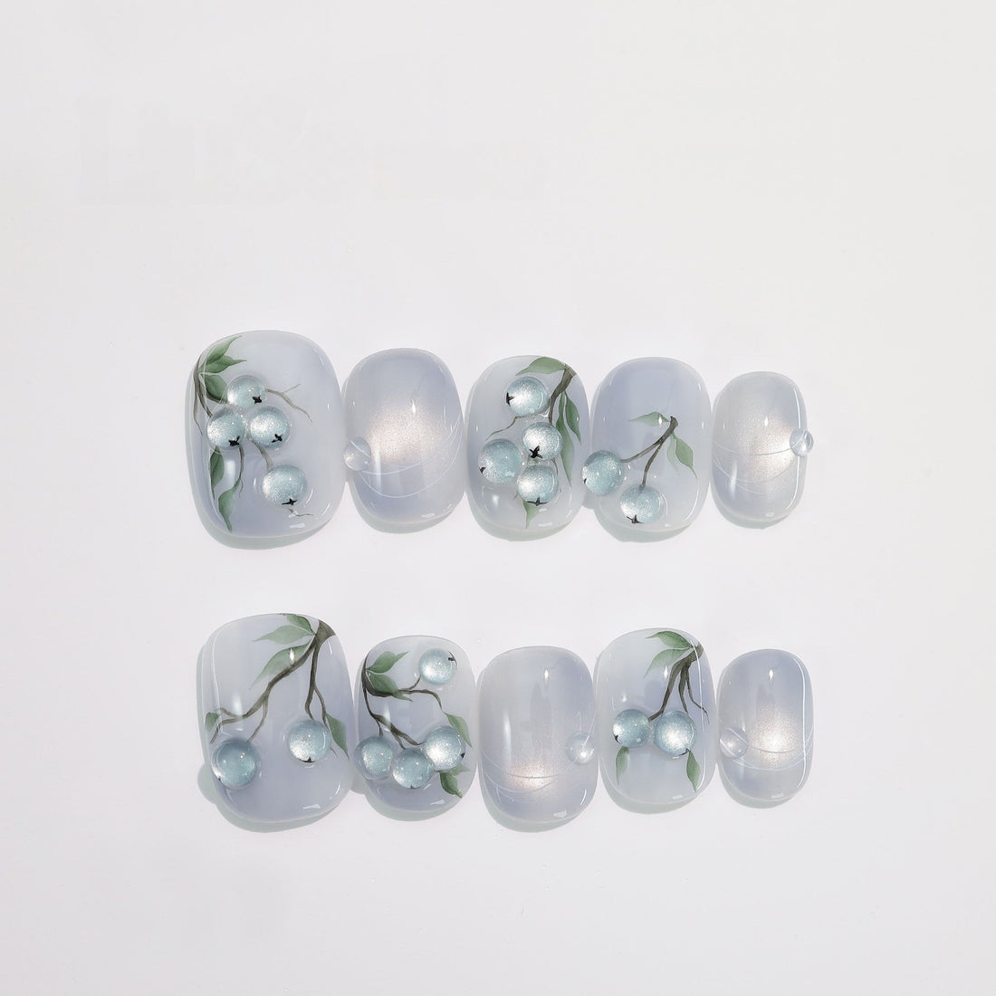 Blueberry Botanical - Handcrafted Blue-Gray Cat-Eye & 3D Blueberry Press-On Nails