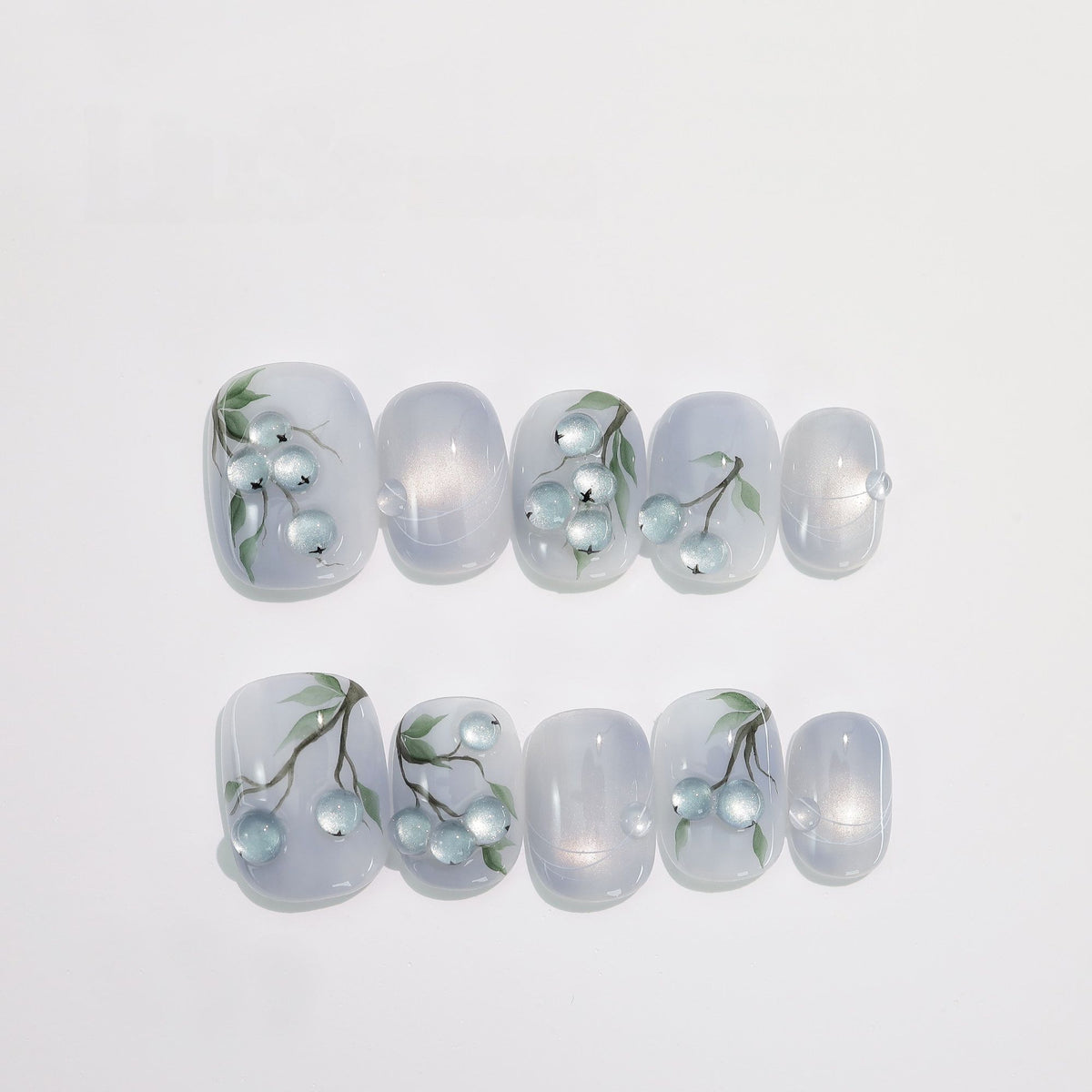Blueberry Botanical - Handcrafted Blue-Gray Cat-Eye & 3D Blueberry Press-On Nails